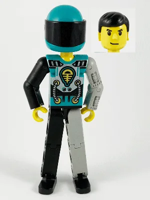 Figurine Technic : jambes noires/gris clair, torse turquoise foncé à motifs jaunes, noirs et argentés, bras gauche mécanique gris clair, casque turquoise foncé