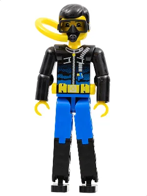Technic-Figur, blaue Beine, schwarzes Oberteil mit Reißverschluss-Neoprenanzug für Tauchermuster – inklusive Luftflasche, Schlauch und Maske