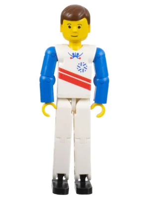 Technic-figuur met witte benen, wit bovenstuk met rode strepen en blauwe armen (skiër).