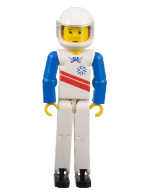 Figurine Technic : jambes blanches, haut blanc à rayures rouges, bras bleus, casque blanc (skieur)