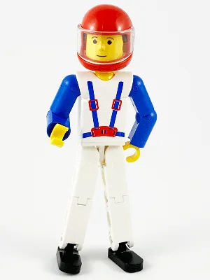 Figurine Technic : jambes blanches, haut blanc à bretelles bleues, bras bleus, casque rouge