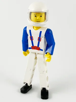 Figurine Technic : jambes blanches, haut blanc à bretelles bleues, bras bleus, casque blanc