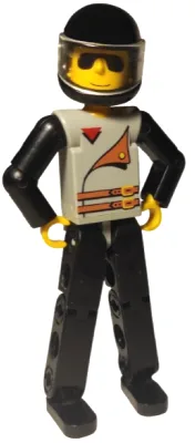 Technic-figuur met zwarte benen, lichtgrijze top met 2 bruine riemen, zwarte armen en zwarte helm.