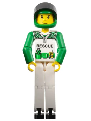 Figurine Technic jambes blanches, torse blanc avec inscription « RESCUE » noire et ceinture verte, bras verts, casque vert, visière noire - Sans autocollant