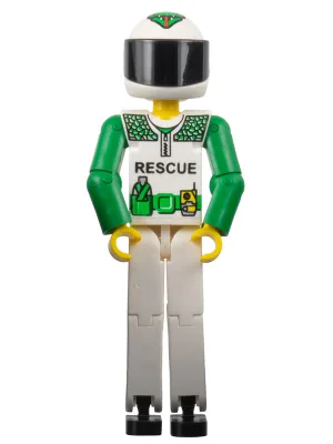 Figurine Technic : jambes blanches, haut blanc avec inscription « RESCUE » noire et ceinture verte, bras verts, casque blanc avec serpent vert, visière noire - Sans autocollant
