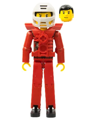 Figurine Technic jambes rouges, haut rouge avec plaque pectorale, cheveux noirs, casque blanc - sans autocollants