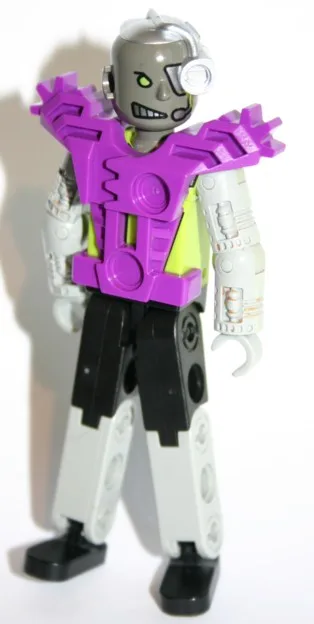 Technic-Figur Cyber-Person, schwarze Beine, violette Rüstung, mechanische Arme, dunkelgrauer Kopf, Cyborg-Auge