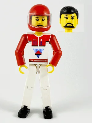 Technic-figuur met witte benen, wit bovenstuk met rood vest, rode armen, zwart haar en rode helm.