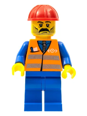 Orangefarbene Weste mit Sicherheitsstreifen – blaue Beine, Schnurrbart, roter Bauhelm
