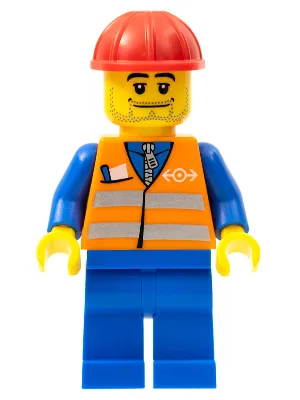 Orangefarbene Warnweste mit Sicherheitsstreifen – blaue Beine, Bartstoppeln, roter Bauhelm