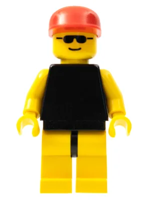 Effen zwart torso met gele armen, gele benen, zonnebril en rode pet.