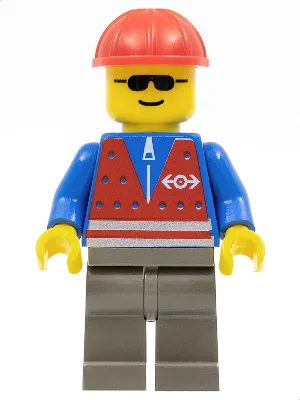 Gilet rouge et fermeture éclair - Jambes gris foncé, casque de chantier rouge
