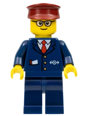 Dark Blue Suit with Train Logo, Dark Blue Legs, Dark Red Hat, Rounded Glasses - Tram Driver