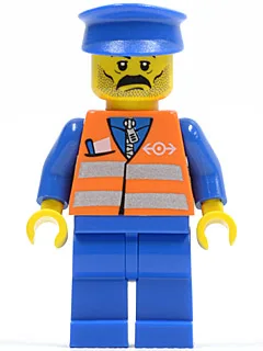Orangefarbene Weste mit Sicherheitsstreifen – blaue Beine, blauer Schnurrbart, blauer Hut