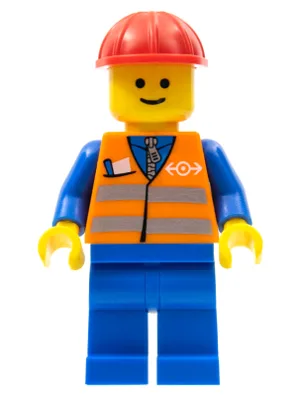 Oranje vest met veiligheidsstrepen - blauwe broekspijpen, rode bouwhelm