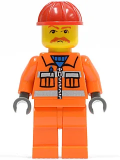 Oranje vest met veiligheidsstrepen - Oranje benen, rode bouwhelm, bruine snor, donkerblauwgrijze handen