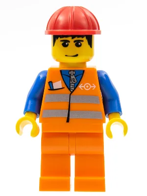 Oranje vest met veiligheidsstrepen - Oranje benen, rode bouwhelm, zwart haar, zwarte wenkbrauwen en een grijns