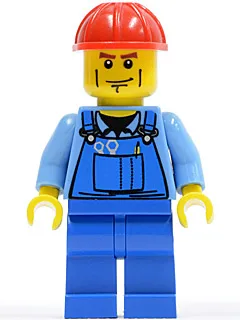 Blaue Arbeitskleidung mit Werkzeugtasche, roter Bauhelm, Wangengurte