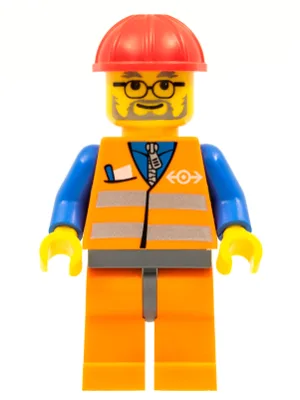 Orangefarbene Weste mit Sicherheitsstreifen – orangefarbene Beine und dunkelblaugraue Hüften, roter Bauhelm, dunkelblaugrauer Bart, Brille