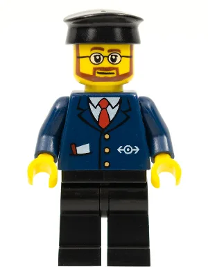 Costume bleu foncé avec logo de train, pantalon noir, chapeau noir, barbe et lunettes
