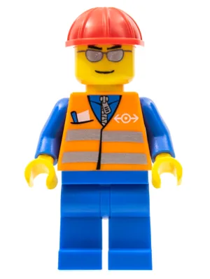 Orangefarbene Warnweste mit Sicherheitsstreifen – blaue Beinabschlüsse, silberne Schutzbrille, roter Bauhelm