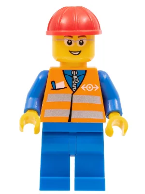 Orangefarbene Warnweste mit Sicherheitsstreifen – blaue Beinabschlüsse, graue Schutzbrille, roter Bauhelm