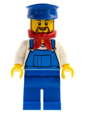 Blauer Overall über V-Ausschnitt-Shirt, blaue Hosenbeine, blauer Hut, brauner, abgerundeter Bart – Güterzugführer