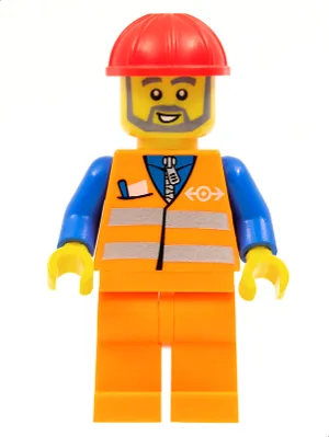 Gilet orange à bandes de sécurité, jambes orange, casque de chantier rouge, barbe grise
