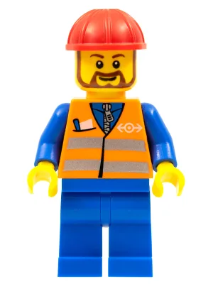 Orangefarbene Weste mit Sicherheitsstreifen – blaue Beine, roter Bauhelm, brauner abgerundeter Bart