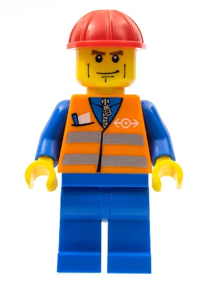 Orangefarbene Sicherheitsweste mit blauen Beinen, braunen Augenbrauen- und Wangenstreifen, roter Bauhelm