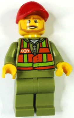 Train Driver - Orange Safety Vest with Lime Straps, Olive Green Legs, Red Cap with Hole, Beard Dark Tan Angular