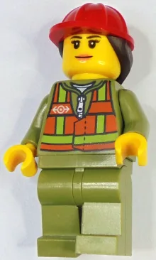 Train Worker - Female, Orange Safety Vest with Lime Straps, Olive Green Legs, Red Construction Helmet with Dark Brown Ponytail Hair