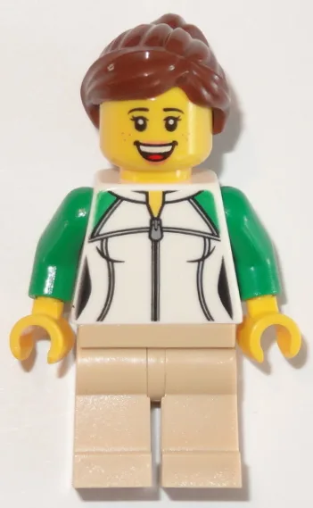 Train Passenger - Female, White and Green Sweatshirt with Zipper, Tan Legs, Reddish Brown Hair with Ponytail, Freckles