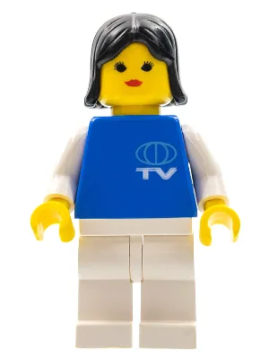 Petit motif de logo TV, jambes blanches, cheveux noirs (femme)