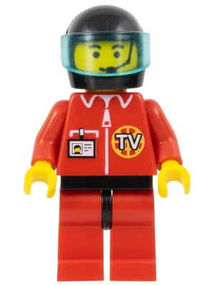 TV-logo in een wereldbol op een rode jas, rode benen met zwarte heupen, headsetpatroon