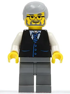 Schwarze Weste mit blau gestreifter Krawatte, dunkelblaugraue Beine, weiße Arme, hellblaugraues Männerhaar, Brille