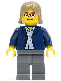 Dunkelblaue Jacke, hellblaues Hemd, dunkelblaugraue Beine, eckige Brille, dunkelbraunes Haar