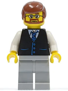 Schwarze Weste mit blau gestreifter Krawatte, hellblaugraue Beine, weiße Arme, rotbraunes Männerhaar, Bart und Brille