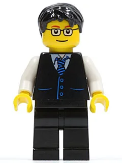 Gilet noir à cravate rayée bleue, jambes noires, manches blanches, cheveux noirs courts et ébouriffés, lunettes