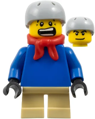 Einfarbig blauer Torso mit blauen Armen, hellbraunen kurzen Beinen, hellblaugrauem Helm und Bandana