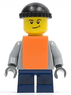 Einfarbiger hellblaugrauer Torso, dunkelblaue kurze Beine, Strickmütze, orange Weste
