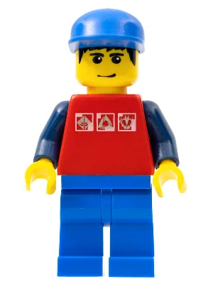 Rotes Hemd mit 3 silbernen Logos, dunkelblaue Ärmel, blaue Beine, blaue Kappe