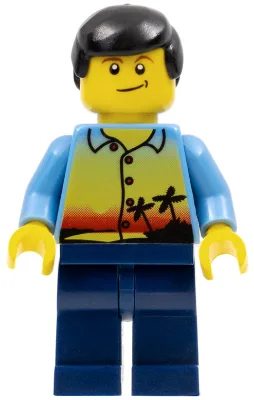 Coucher de soleil et palmiers - Homme, jambes bleu foncé, cheveux noirs, sourire asymétrique