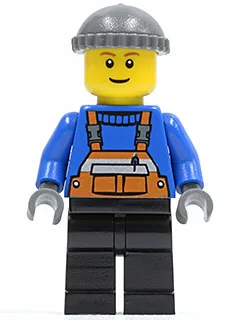 Overall mit Sicherheitsstreifen, orange, schwarze Beine, dunkelblaugraue Strickmütze, braune Augenbrauen, schmales Grinsen