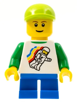 Klassisches Weltraum-Minifiguren-Schwebemuster, blaue kurze Beine, limettengrüne kurze Schirmmütze, rötlich-braune Augenbrauen