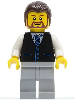 Gilet noir à cravate rayée bleue, jambes gris clair bleuté, bras blancs, cheveux brun foncé, barbe brune arrondie