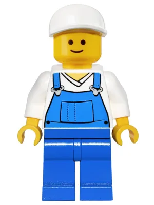 Overalls Blue over V-Neck Shirt, Blue Legs, White Short Bill Cap