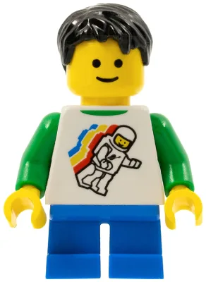 Junge – Klassisches Weltraum-Minifiguren-Schwebemuster, kurze blaue Beine, schwarzes, zerzaustes Haar
