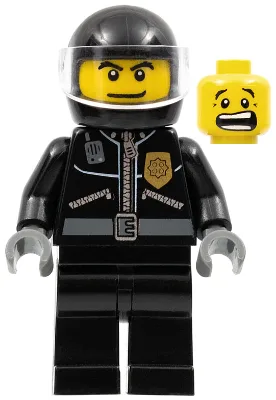 Polizei – Lederjacke mit goldenem Abzeichen, schwarzer Helm, transparentes Visier