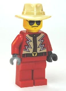 Rote Jacke mit hellbraun-weißem Zickzackmuster, rote Hosenbeine, hellbrauner Fedora-Hut, schwarz-silberne Sonnenbrille